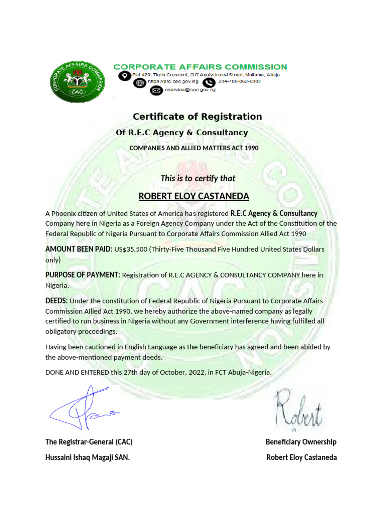 R.E.C Agency & Consultancy Registration Certificate | PDF