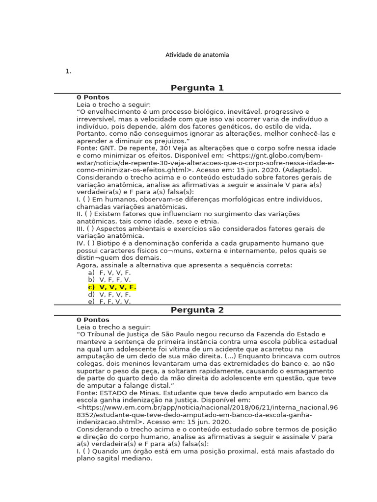 Atividade De Anatomia Pdf Músculo Osso