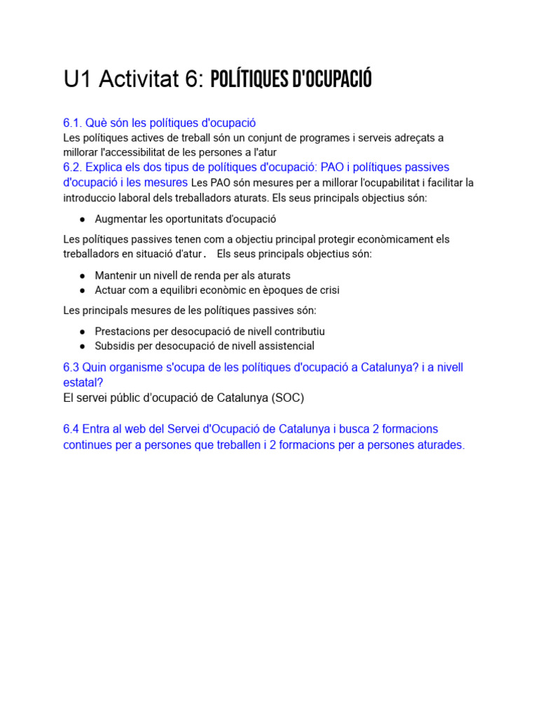 Activitat 6 Polítiques D'ocupació | PDF