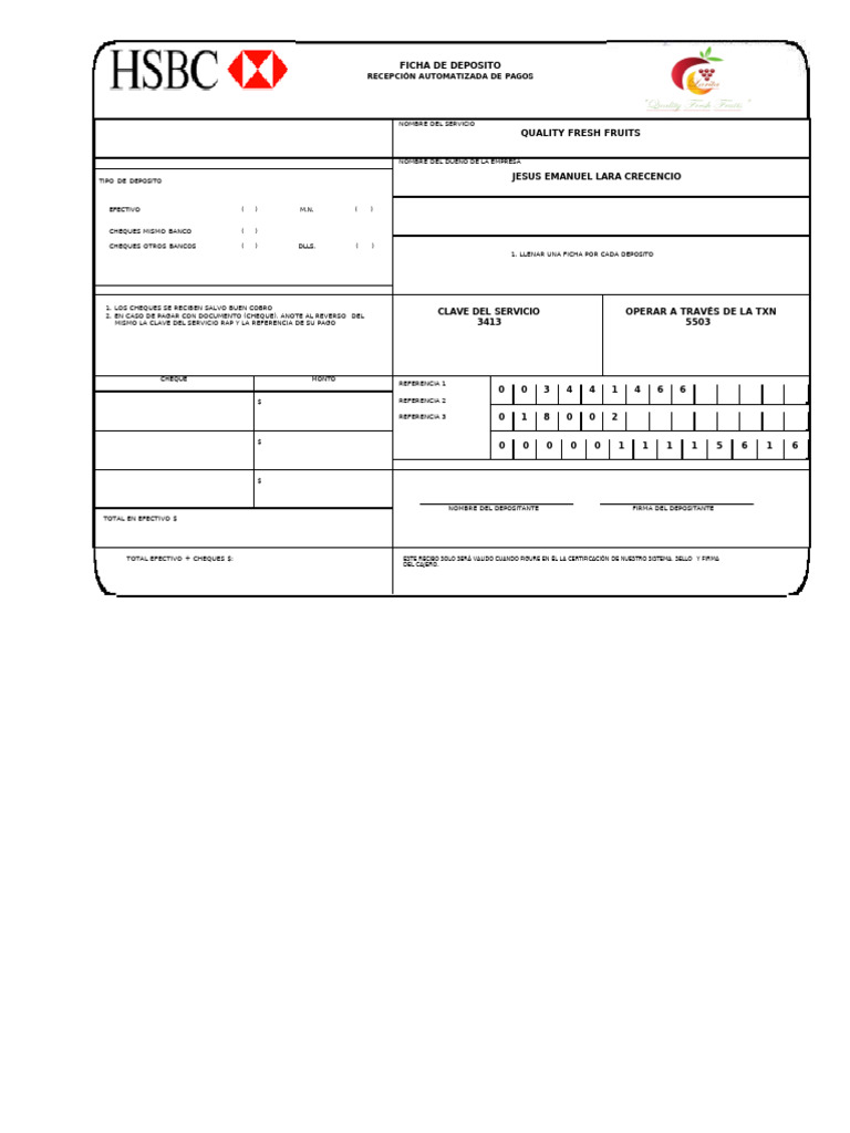 Ficha de Depósito Bancario Ejemplo | PDF | Bancario | Servicios financieros