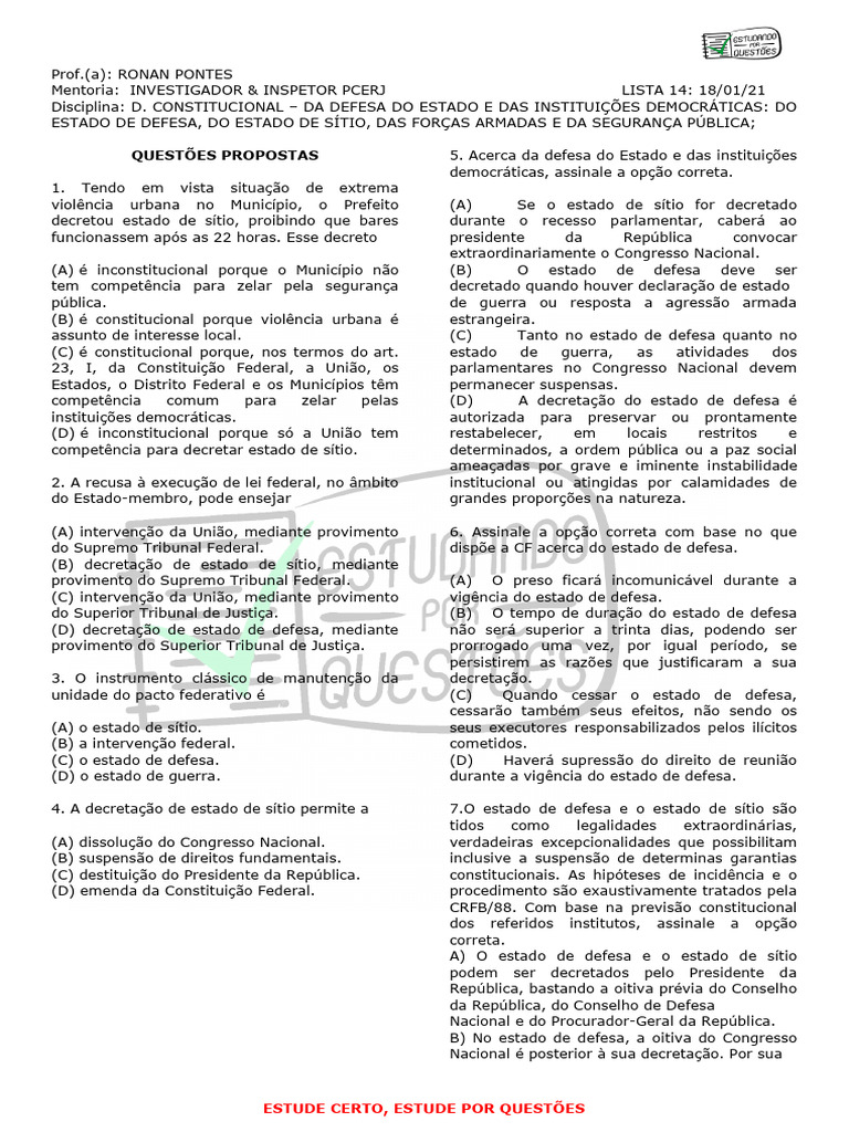 LISTA 14 DIREITO CONSTITUCONAL DA DEFESA DO ESTADO E DAS INST 24 01 21 ...