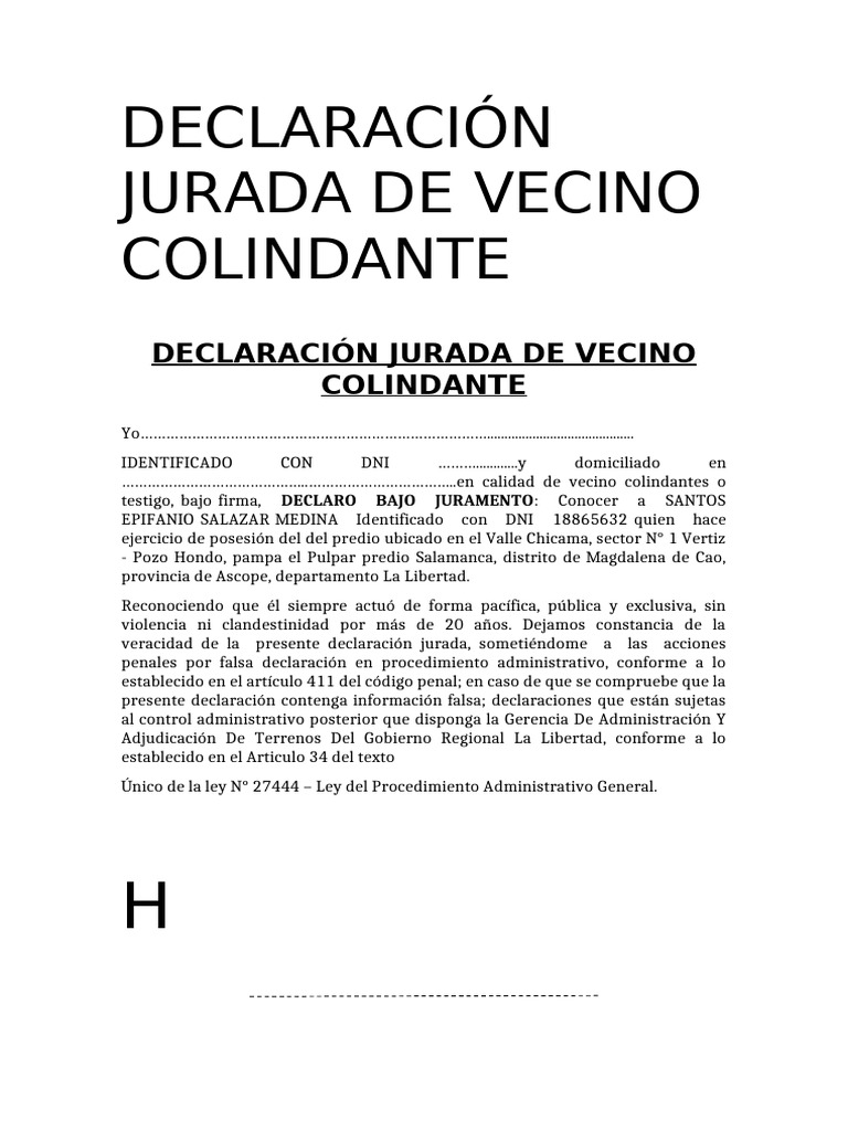 Declaración Jurada de Vecino Colindante | PDF