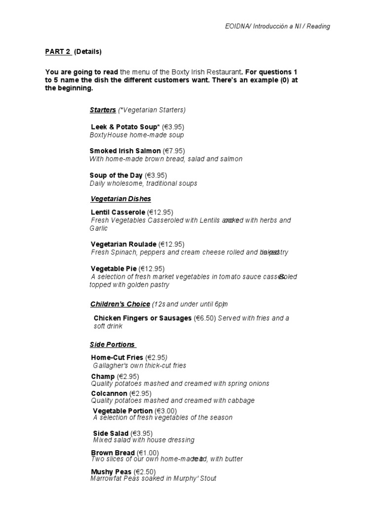 Boxty Irish Restaurant Menu Guide | PDF