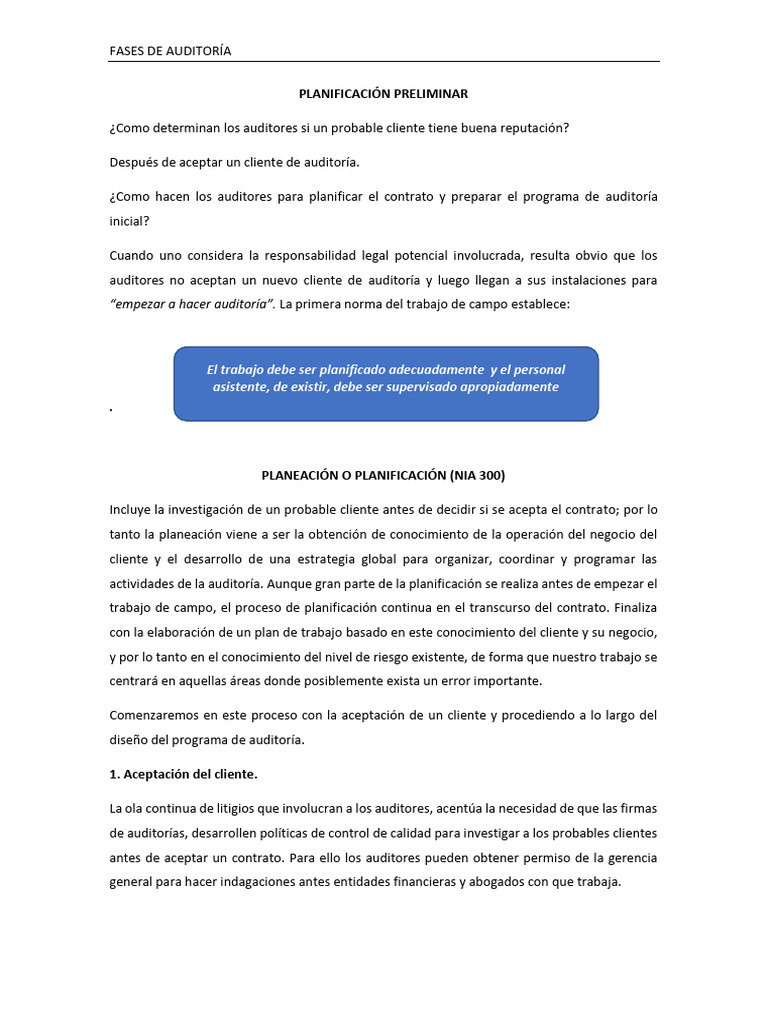 FASES DE LA AUDITORÍA - Planeación | PDF | Auditoría | Planificación