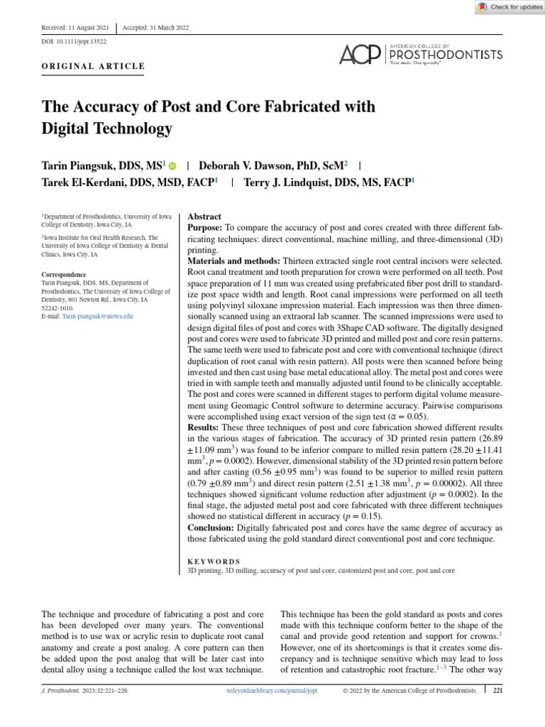 Accuracy of Digital Post and Core Techniques | PDF | 3 D Printing ...