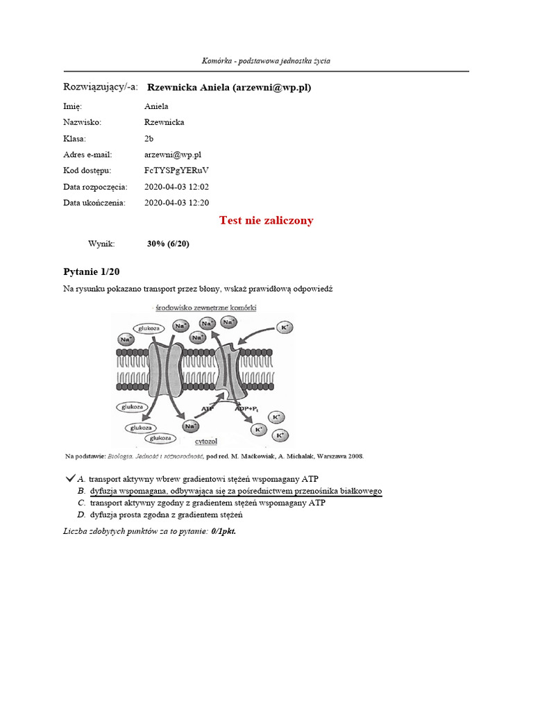 Sprawdzian Biologia Komorka Podstawowa Jednostka Zycia Komórka - podstawowa jednostka życia - test | PDF