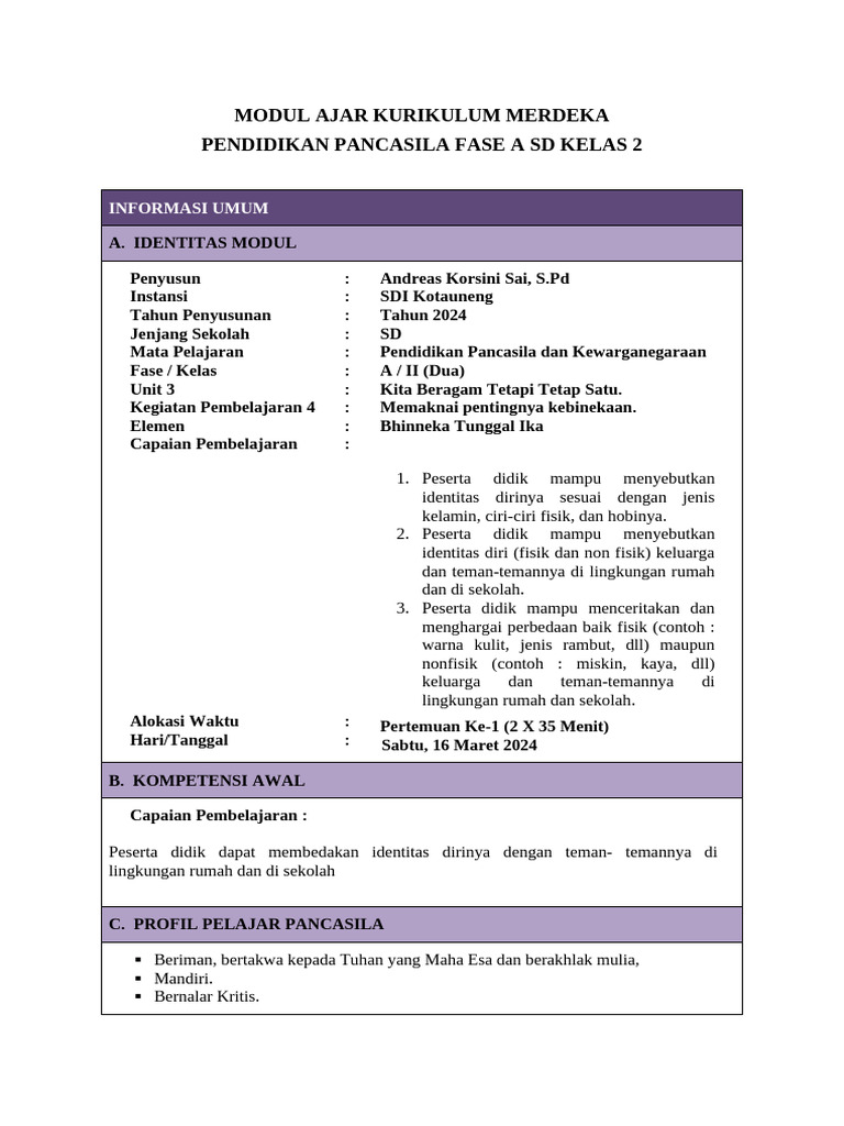 Modul Ajar PPKn Kelas 2 Kurikulum Merdeka | PDF