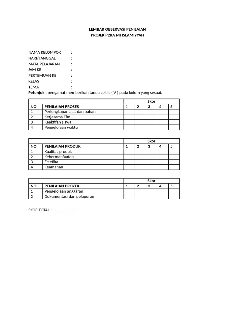 Lembar Observasi Penilaian Proyek P2RA | PDF