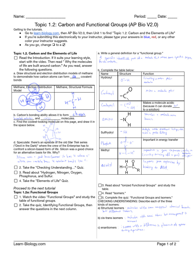 1 1b Carbon And Functional Groups Student Learning Guide Ap Bio V2 0