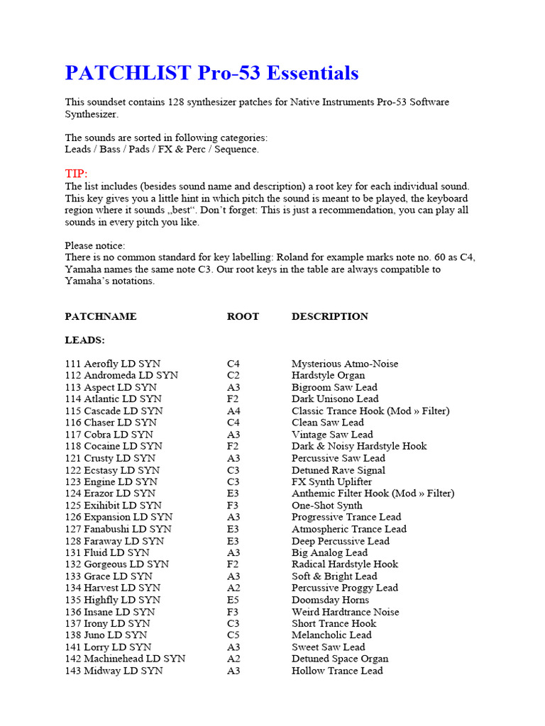 Pro-53 Essentials Patch List | PDF | Synthesizer | Musical Subgenres