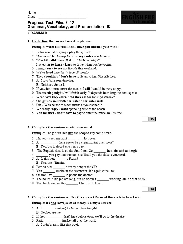 Grammar and Vocabulary Progress Test | PDF | Memory