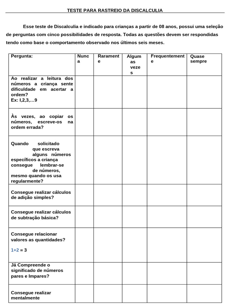 Teste de Discalculia para Crianças | PDF | Matemática
