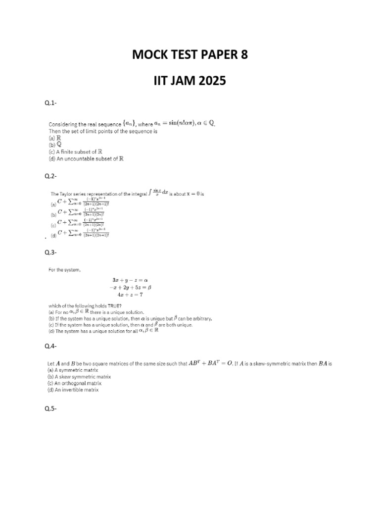 MOCK TEST PAPER 8 - IIT JAM 2025 PDF | PDF