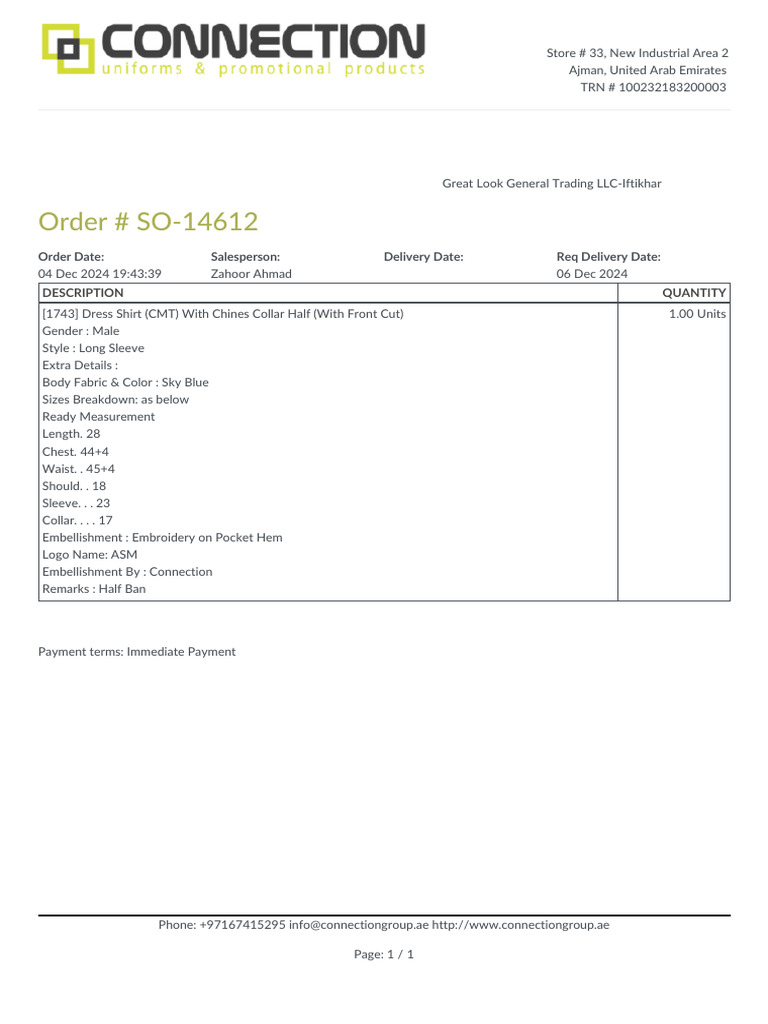 Order SO-14612: Custom Dress Shirt | PDF