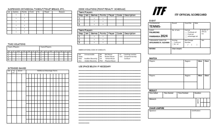 ITF Tennis Match Scorecard Template | PDF | Athletic Sports | Ball Games