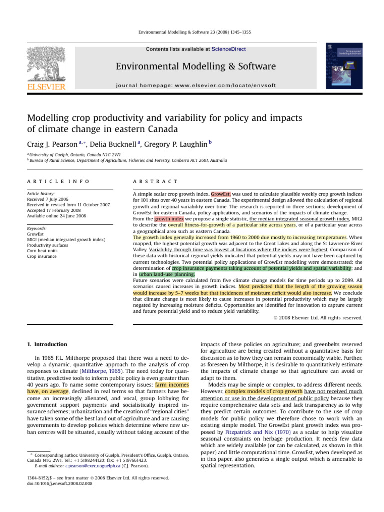 Crop Productivity Modeling in Eastern Canada | PDF | Climate Change ...