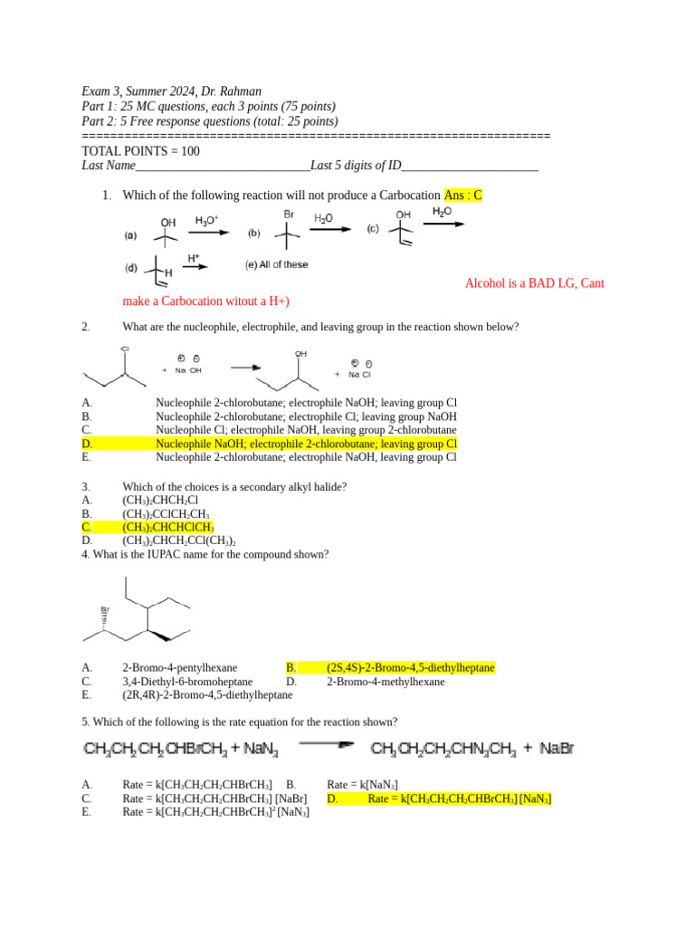 Key Exam 3 Part 1 & 2 6:28 | PDF | Chemical Reactions | Alkene
