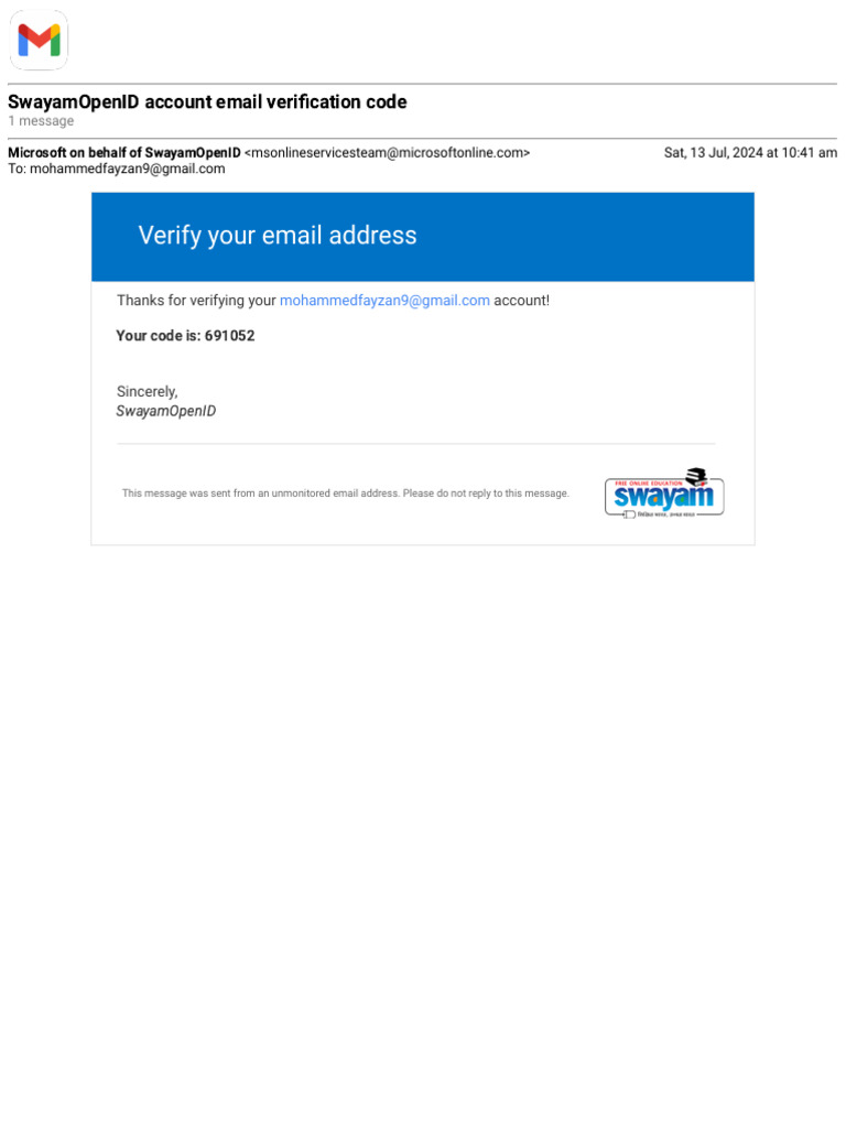 Gmail - SwayamOpenID Account Email Verification Code | PDF