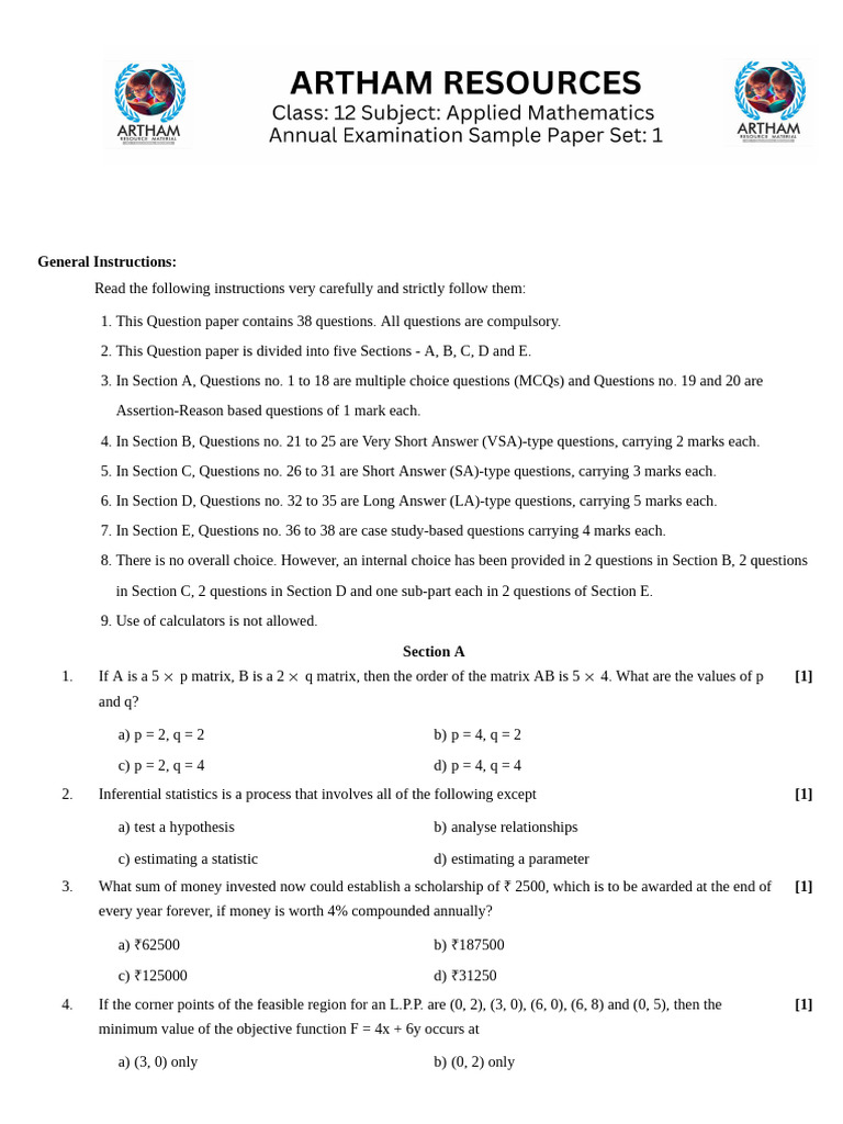 Set of 5 sqp class 12 applied maths 2024 25 exam 1 38 pdf