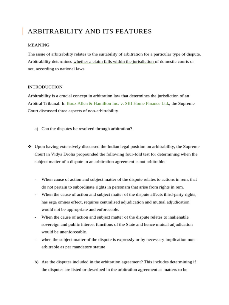 Arbitrability and Its Features | PDF | Arbitration | Jurisdiction