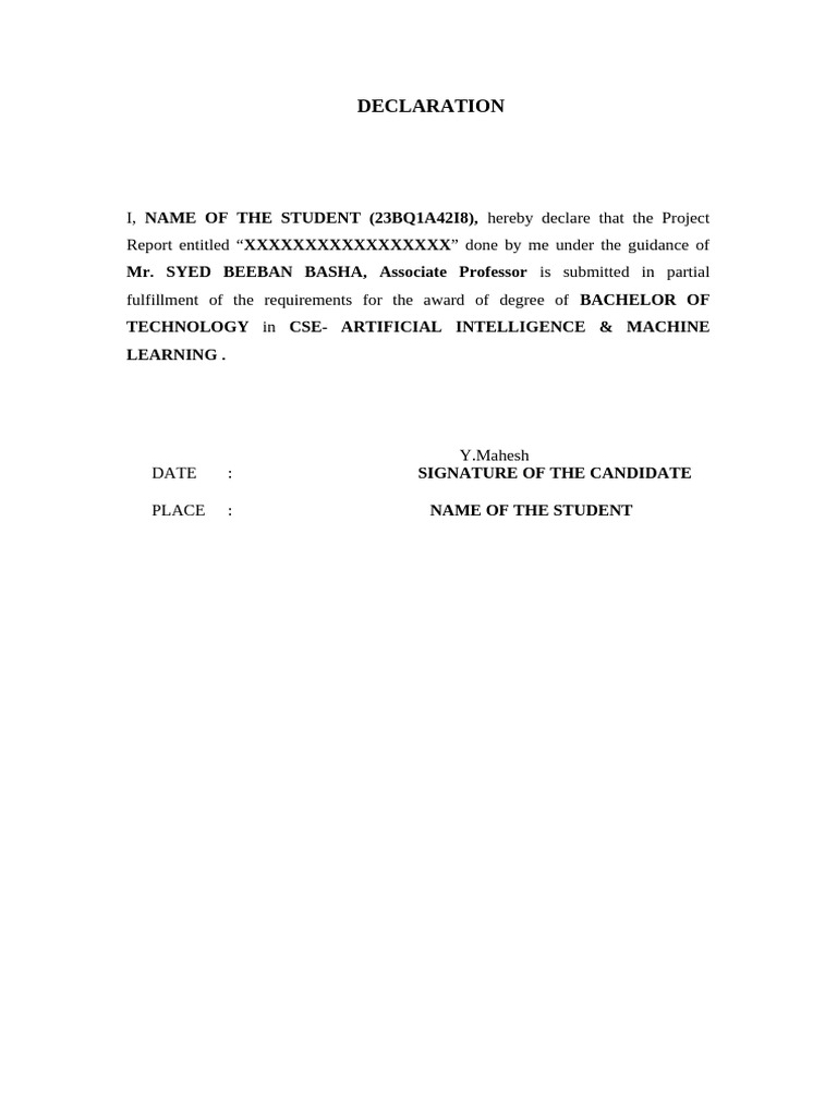 Project Report Declaration for B.Tech CSE | PDF