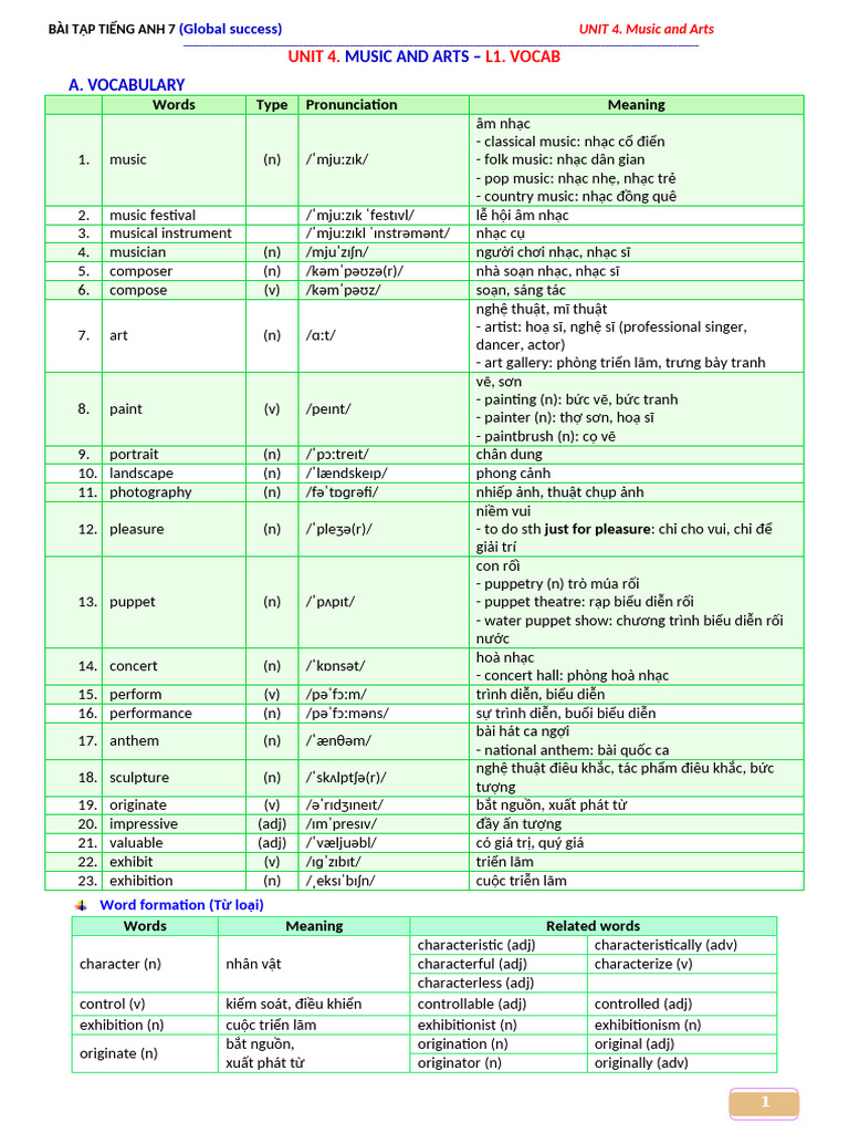 English Exercises: Music and Arts Unit 4 | PDF | Puppetry | Puppets