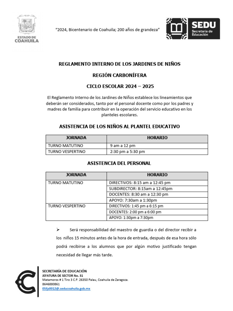 Reglamento Jardines de Niños 2024-2025 | PDF | Educación de la primera ...