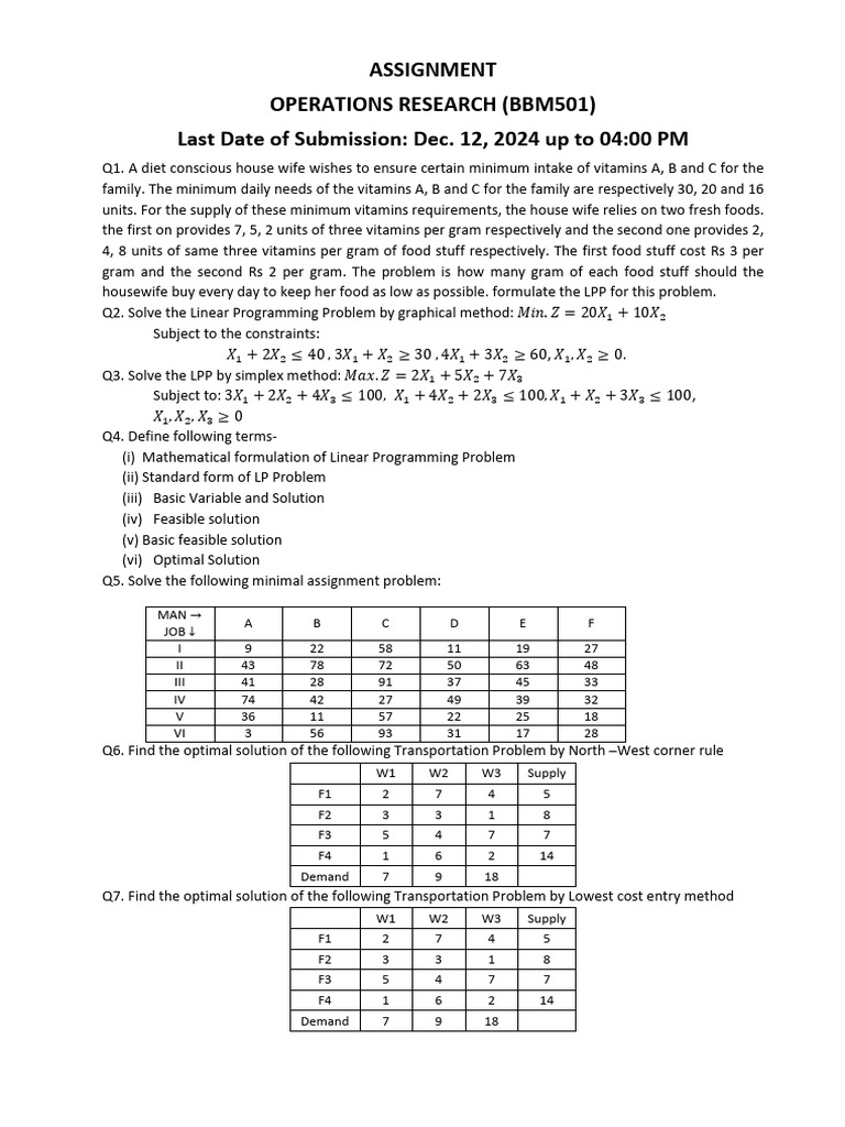 Assignment Operation Research (BBM501) | PDF | Linear Programming ...