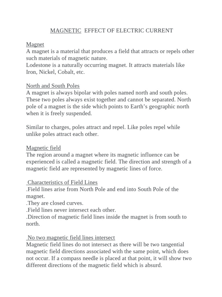 MAGNETIC EFFECT OF ELECTRIC CURRENT Notes | PDF | Magnetic Field | Magnet