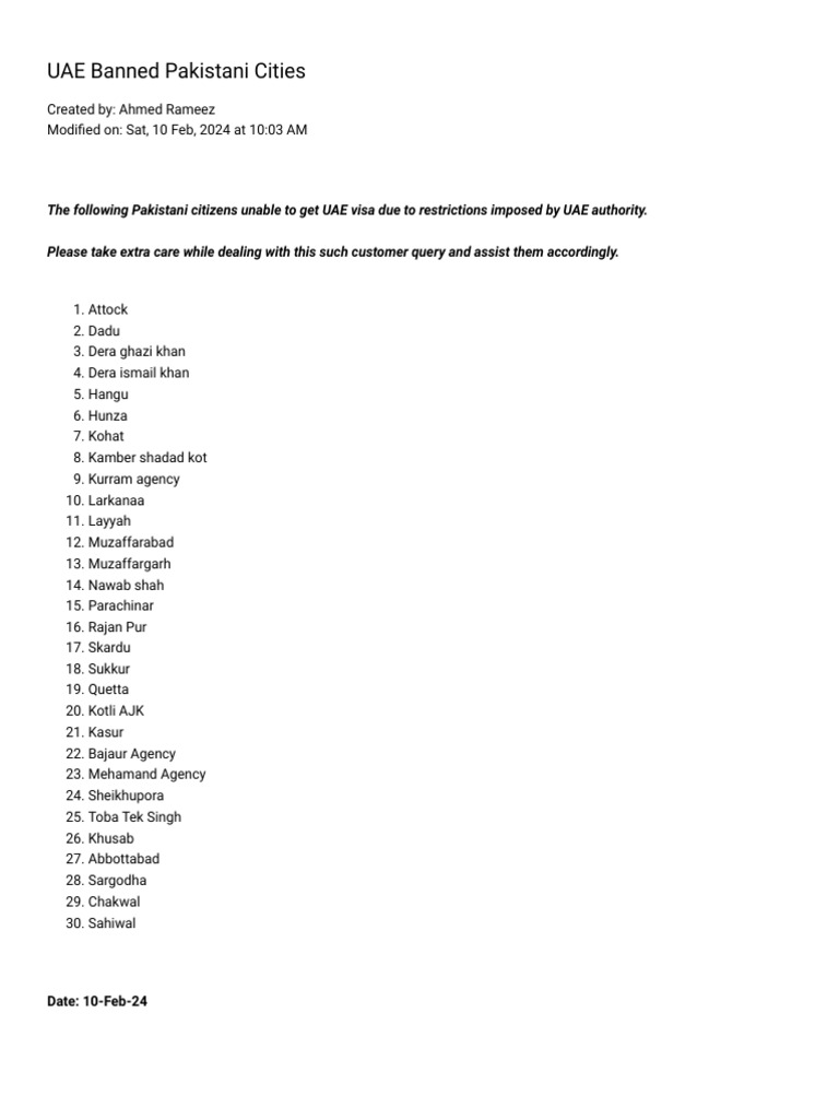 Banned Pakistani Cities for UAE Visa | PDF