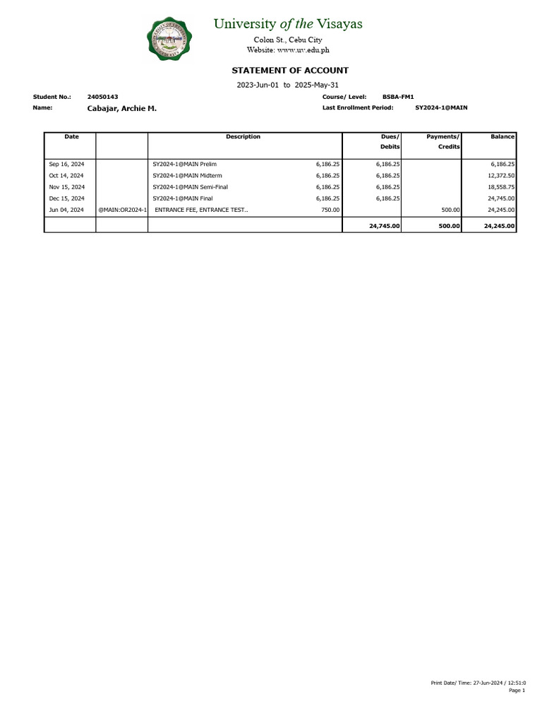 University of the Visayas Account Statement | PDF