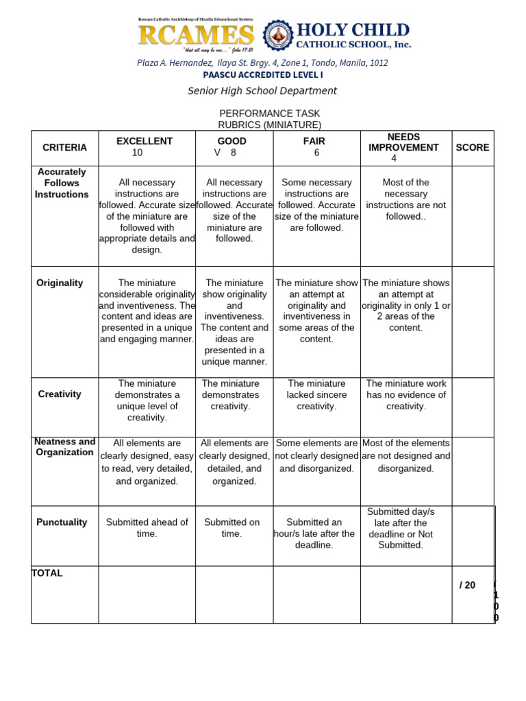 Senior High School Performance Task Rubric | PDF