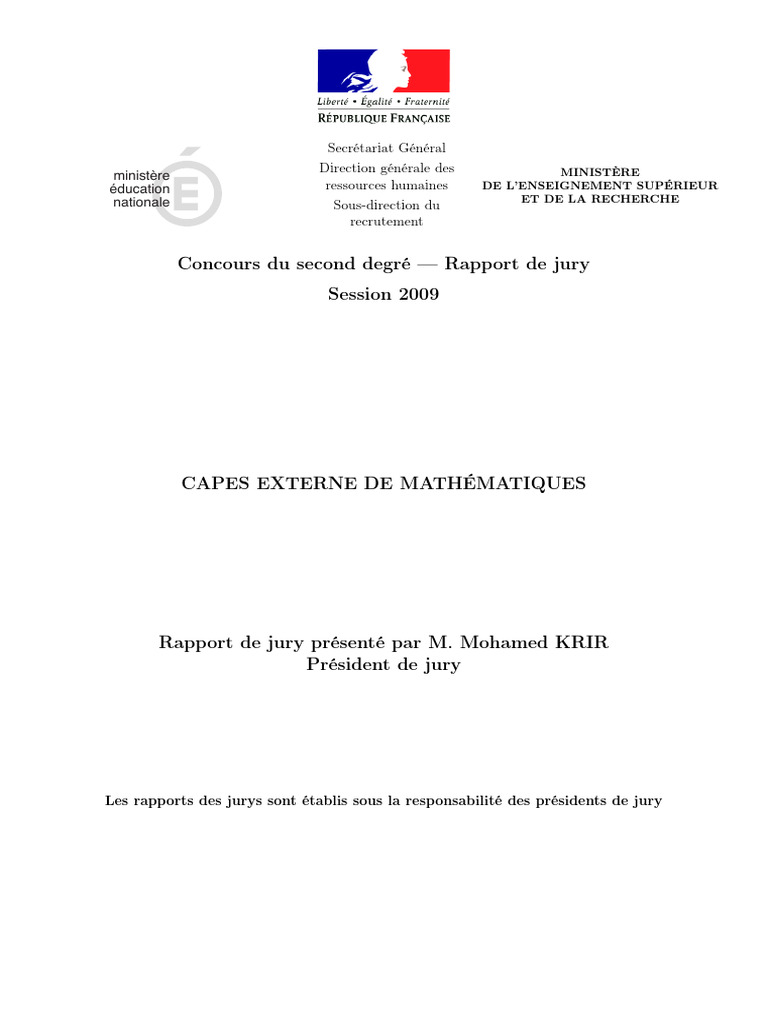 Rapport du jury CAPES Mathématiques 2009 | PDF | Matrice (Mathématiques ...