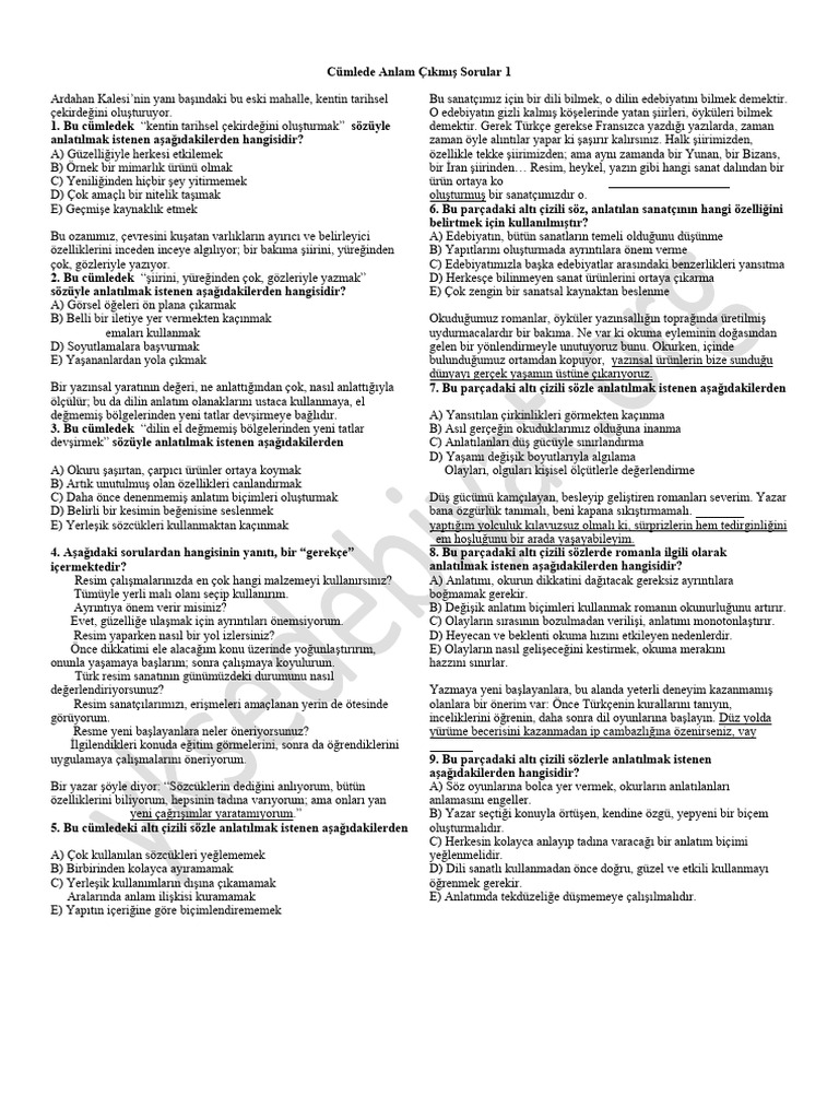 Cümlede Anlam Çıkmış Sorular 1 | PDF