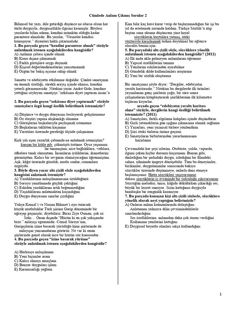 Cümlede Anlam Çıkmış Sorular 2 | PDF