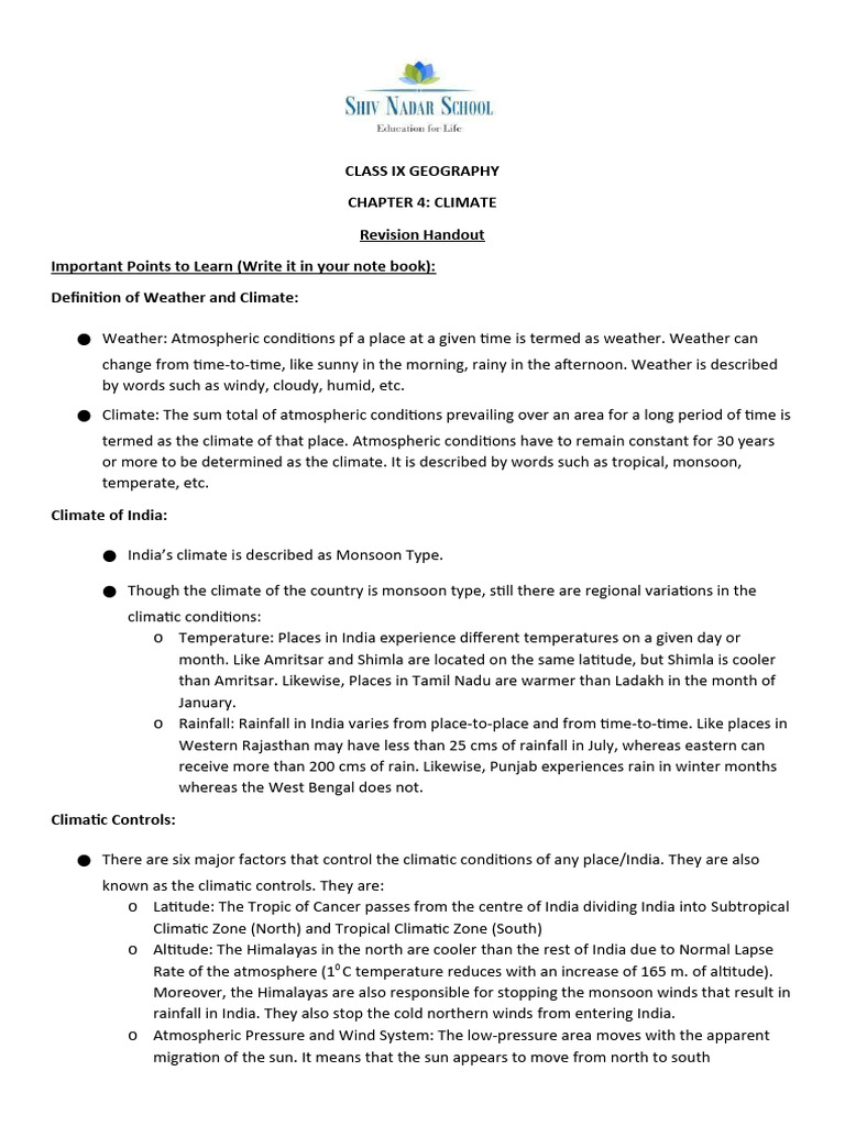 Ix Climate Revision Handoout | PDF | Monsoon | Rain