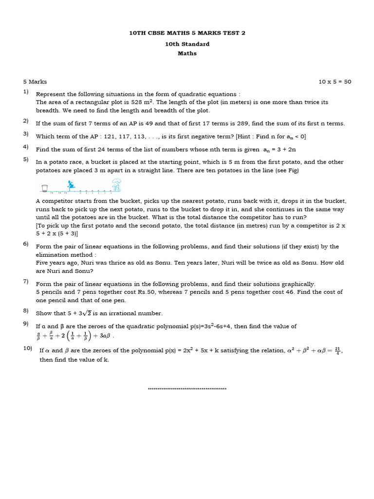 10th Cbse Maths 5 Marks Test 2 Q | PDF | Mathematics | Algebra