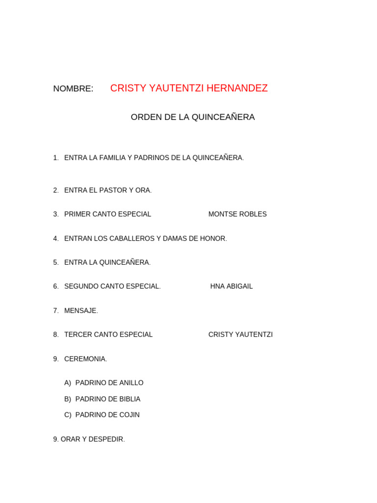Orden de La Quinceañera | PDF