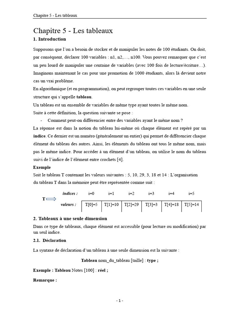 Introduction aux Tableaux en Programmation | PDF | Variable ...