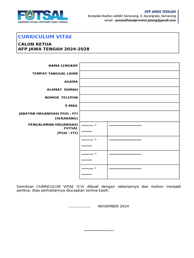 CV Calon Ketua AFP Jateng 2024-2028 | PDF