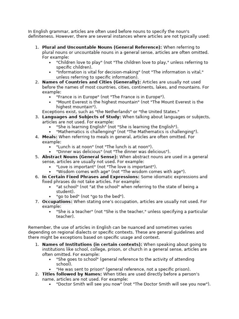 When Not to Use Articles in English | PDF | Noun | English Language