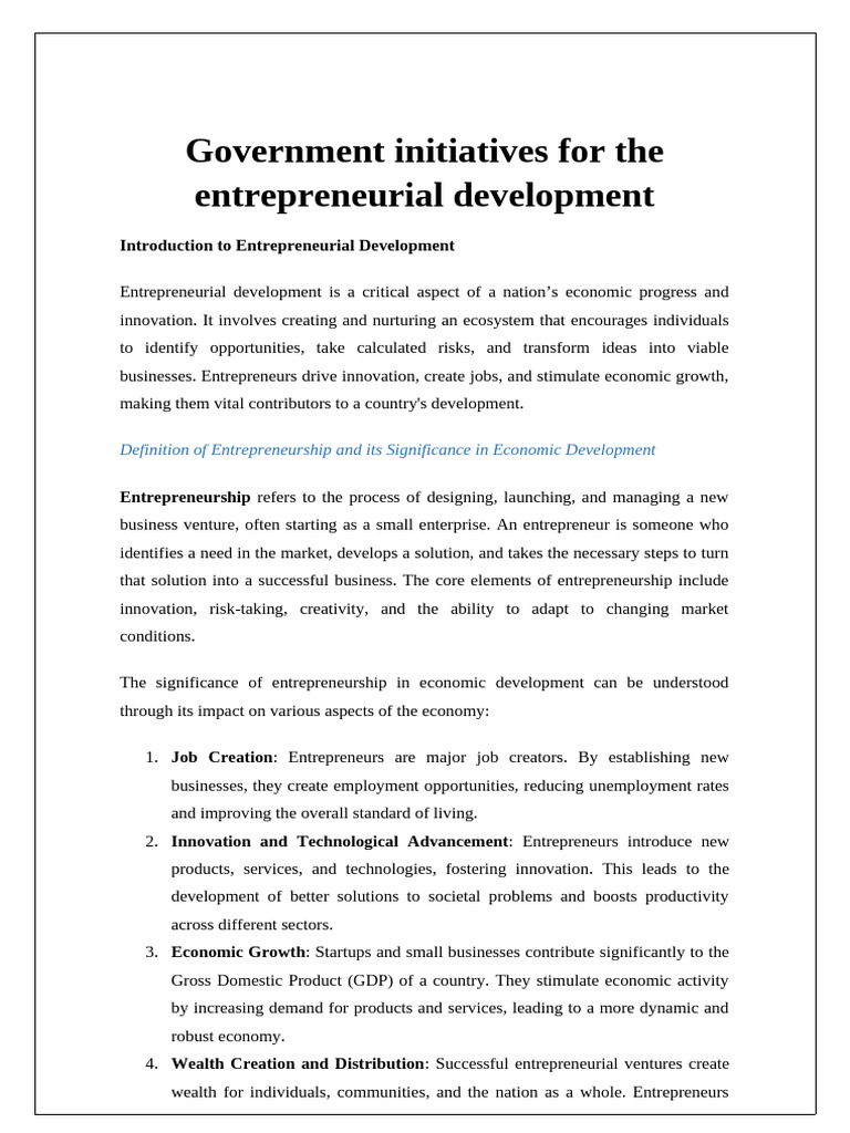 Government Initiatives for Entrepreneurship | PDF | Entrepreneurship ...