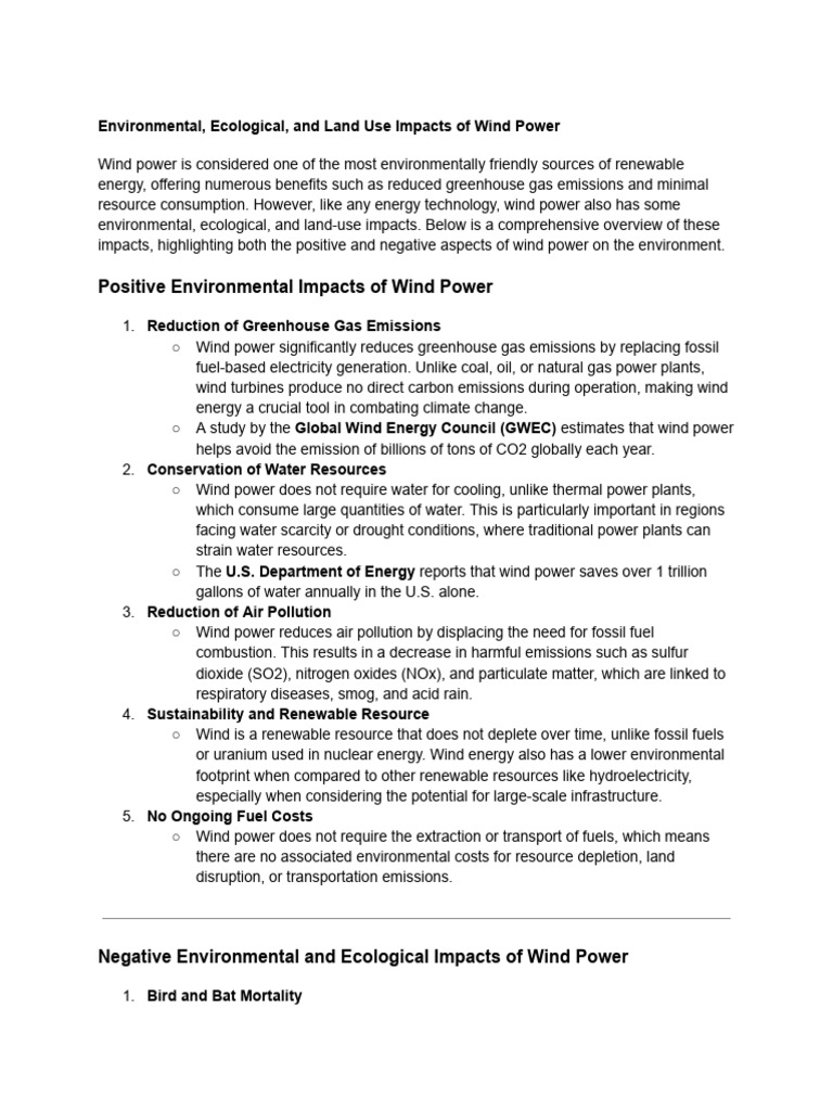 Environmental, Ecological, and Land Use Impacts of Wind Power | PDF ...