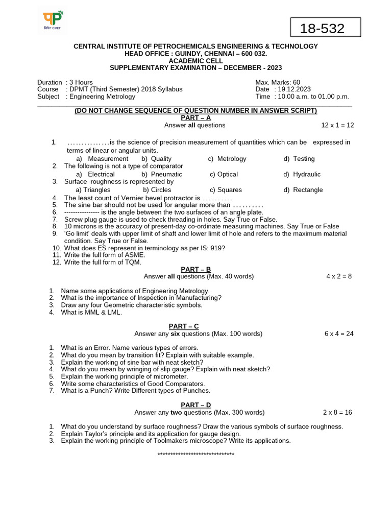 Metrology Exam Pattern - Dec 2023 | PDF | Metrology