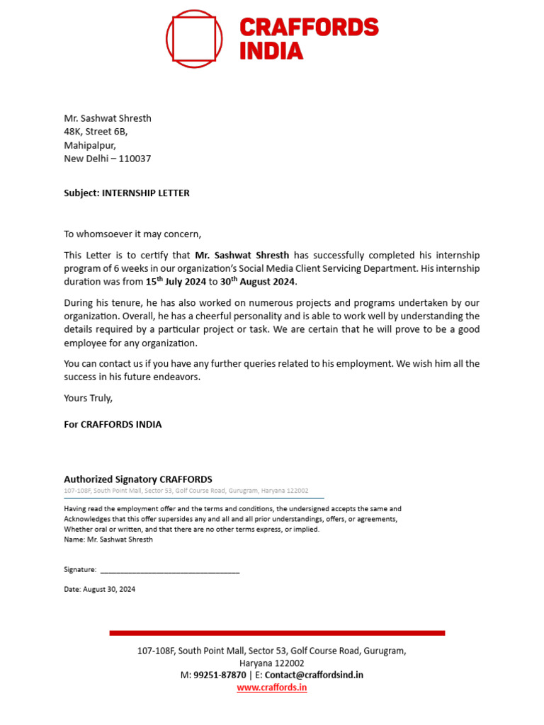 Internship Letter | PDF