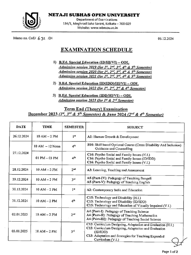 Bed Exam Schedule Pdf