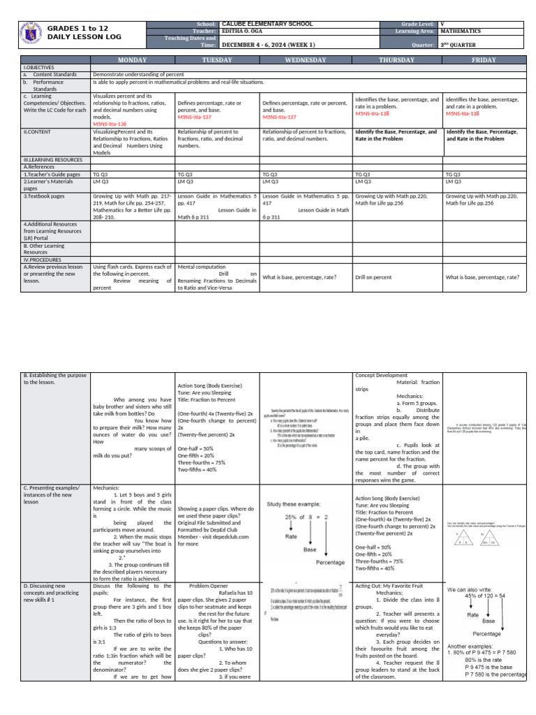 DLL - Mathematics 5 - Q3 - W1 | PDF | Percentage | Numbers