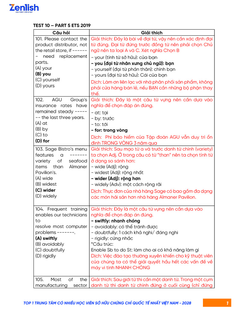 1.8. GIẢI CHI TIẾT PART 5,6 TEST 10 ETS 2019 RC | PDF