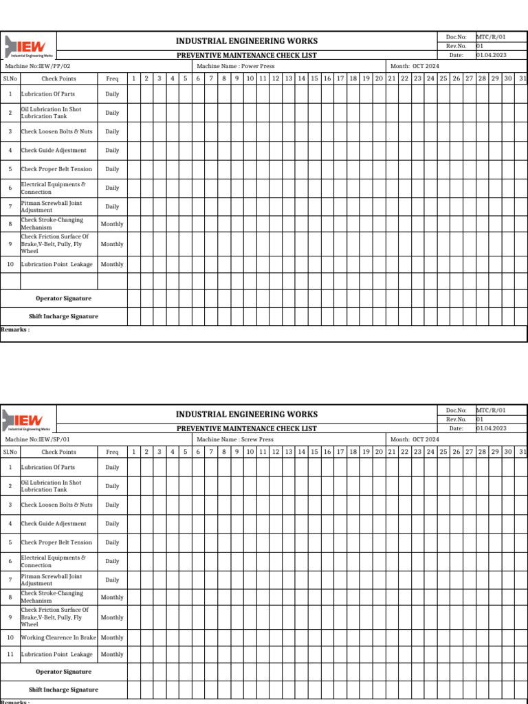 MACHINE SHOP PREVENTIVE MAINTENANCE CHECKLIST visual data 6