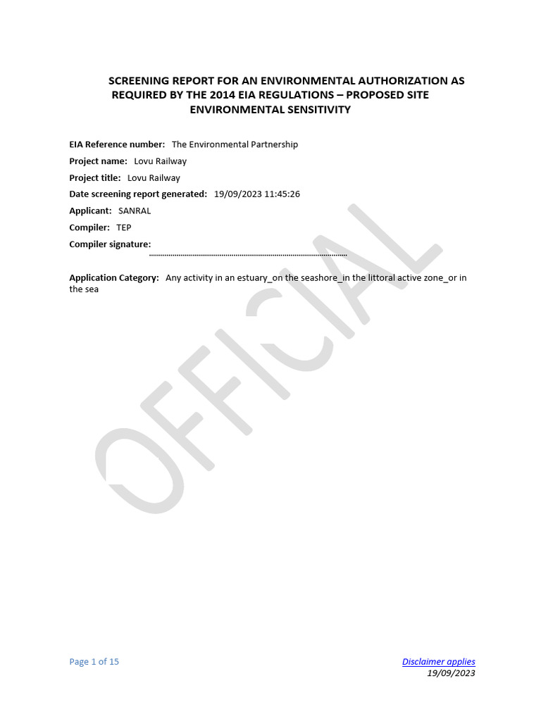 DFFE Screening Report: Lovu Railway | PDF | Environmental Impact ...